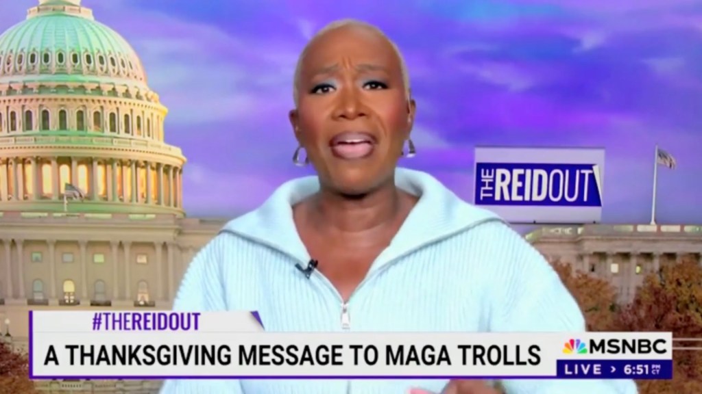 Joy-Ann Reid, a woman in a white jacket, sending a Thanksgiving message to Republicans